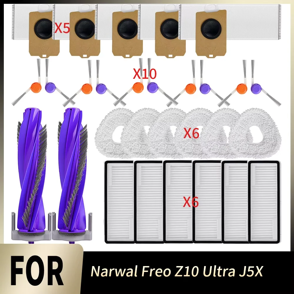 Premium Ersatzteile für Narwal Freo Z10 Ultra J5X: Hauptbürste, Seitenbürste, Wischmopp, Staubbeutel, HEPA-Filter für Roboterstaubsauger