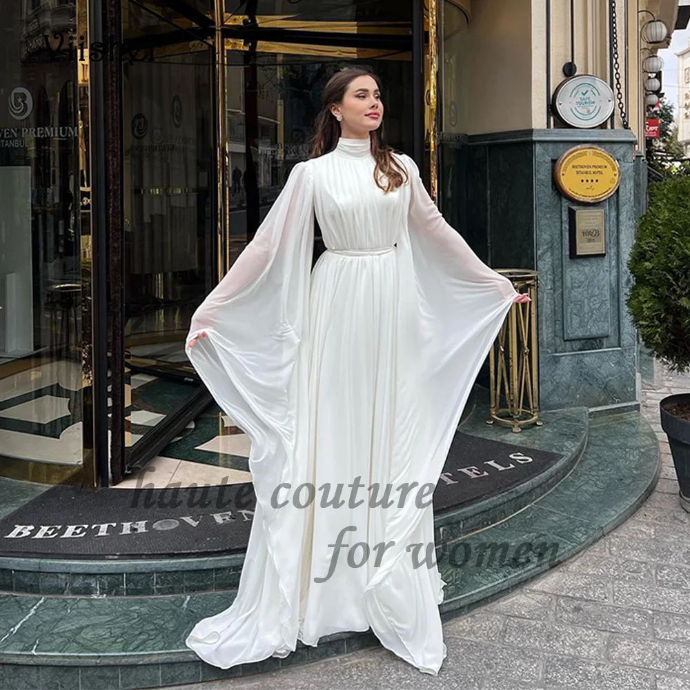 

Ivory Chiffon Wedding Dresses for Bride Long Sleeve High Neck Simple Civil Bride Dres 2024 Elopement Wedding Dress with Train