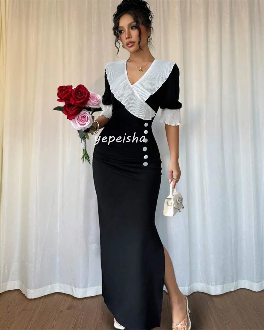 Customized Matching Fashion Jersey Draped Button Straight V-neck Long Dresses Bespoke Occasion Dresses Elegant Exquisite Formal