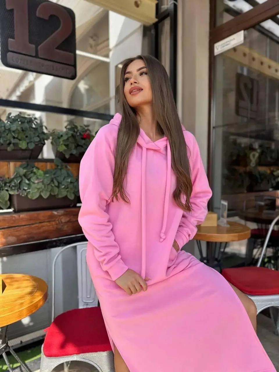 Women Casual Long Sweatshirt Dress Drawstring Hood Long Sleeve Side Split Hem Dress