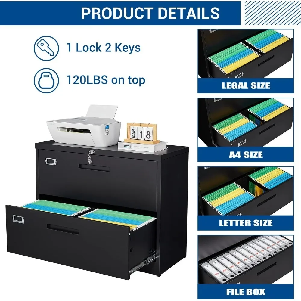 Lateral File Cabinet with Lock, 2 Drawer Large Metal Filing Cabinet,Home Office Lockable Storage Cabinet