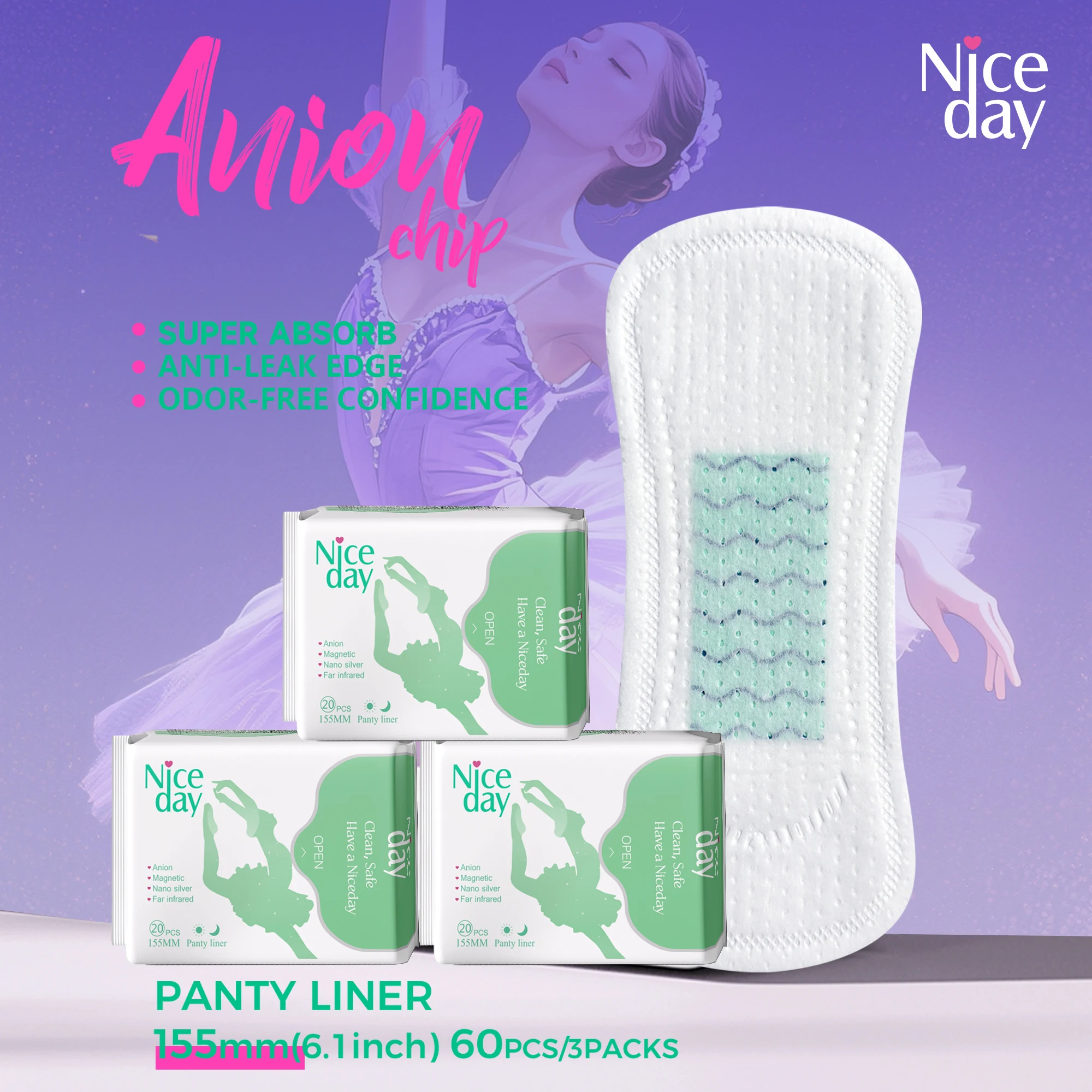 

Niceday Negative Ion Sanitary Napkin, Negative Ion Pad 155mm, Daily Use, Ultra-Thin Menstrual Pad, Absorbs a Lot of Menstrual Fluid, Ultra-Dry and Breathable for Private Parts