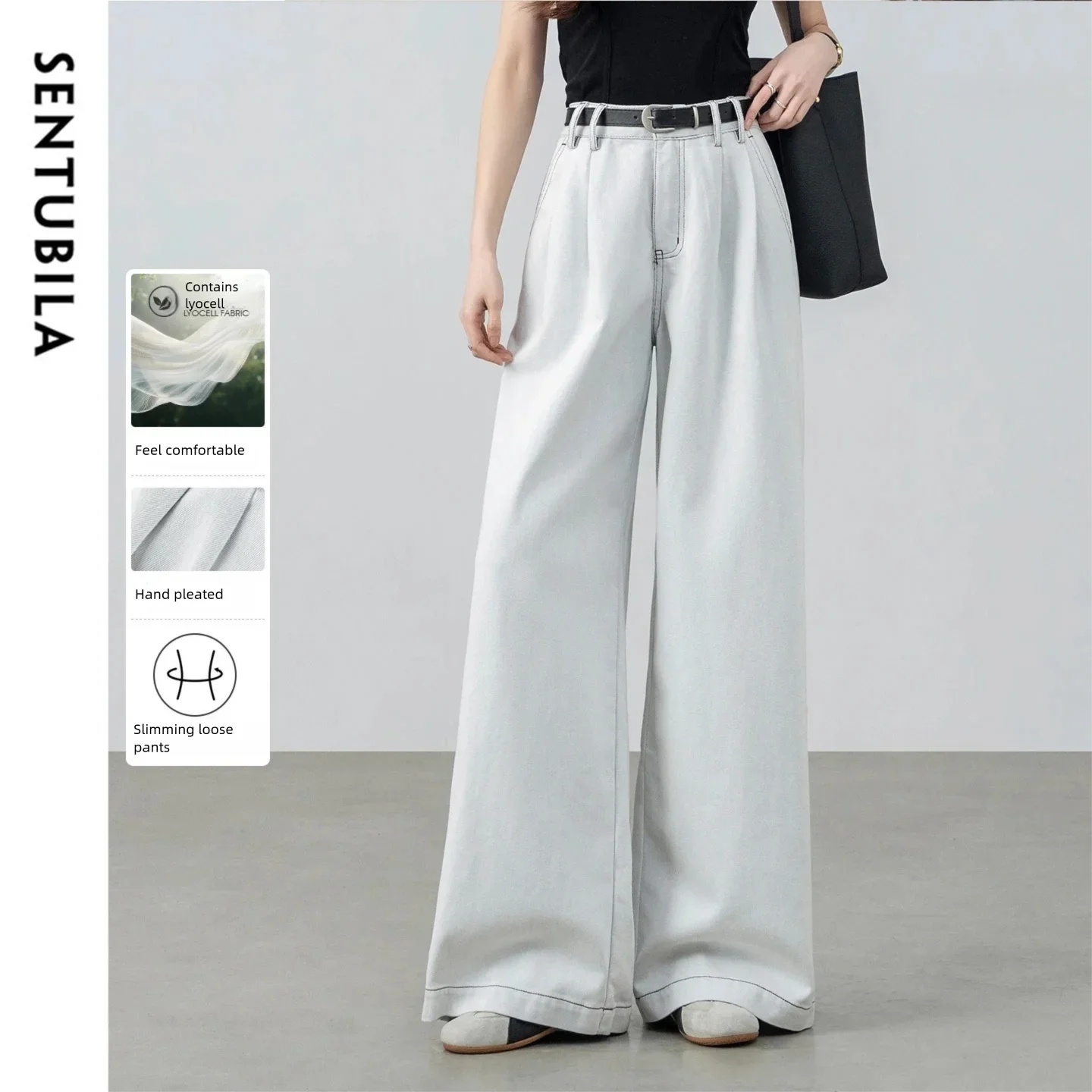 

SENTUBILA Women's Jeans 2026 Spring New Lyocell High Waist Wide Leg Women's Denim Pants Simple Office Lady Bottoms W61NA6041