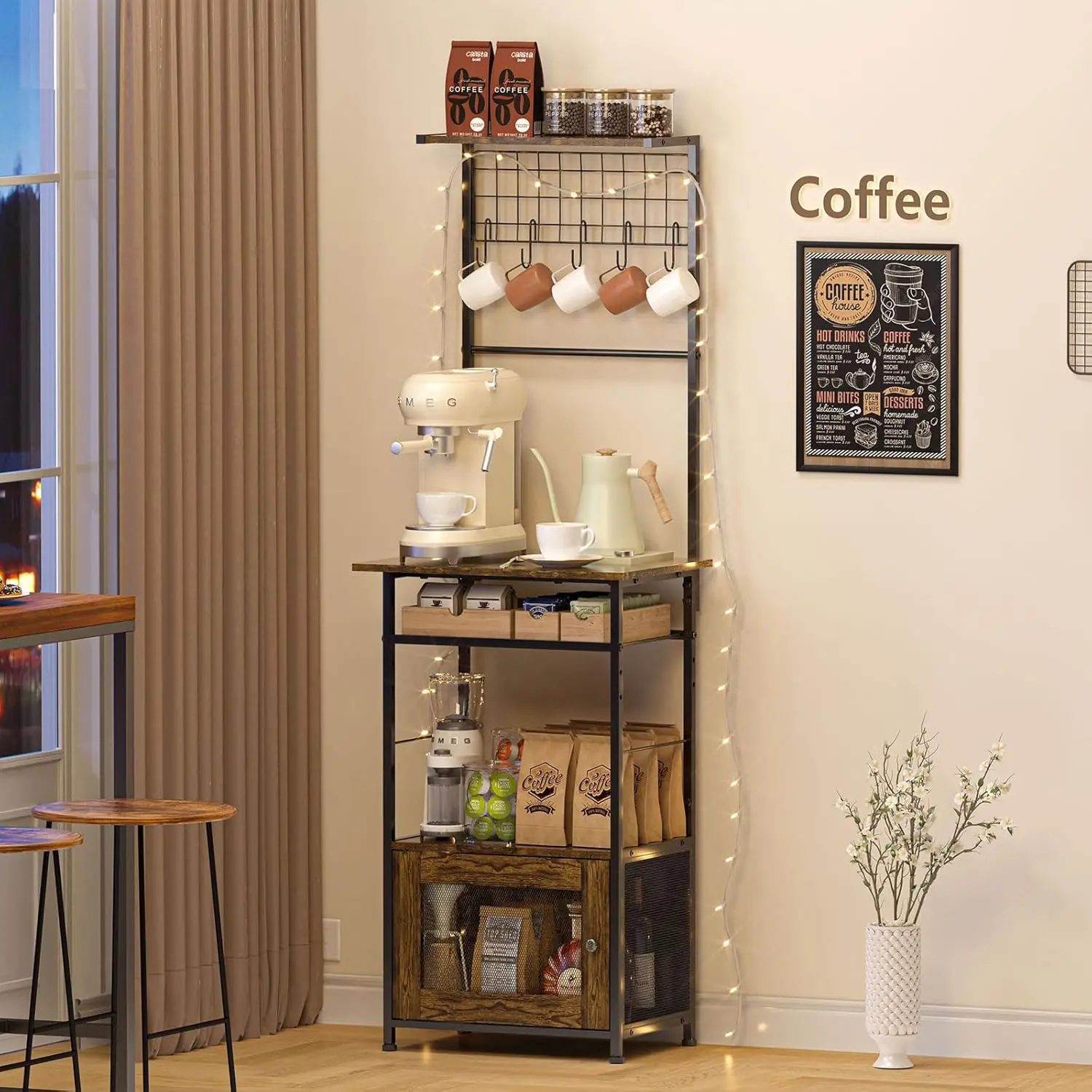 

5 Tier Coffee Bar Station with Visual Cabinet, Coffee Bar Cabinet with 5 Hooks, 57.87”H Tall Microwave Stand for