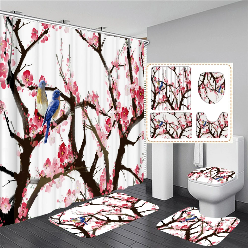 Japanese Cherry Blossom Shower Curtain Set Non-Slip Rug Toilet Lid Cover Bath Mat Spring Sakura Flower Pastoral Bathroom Curtain