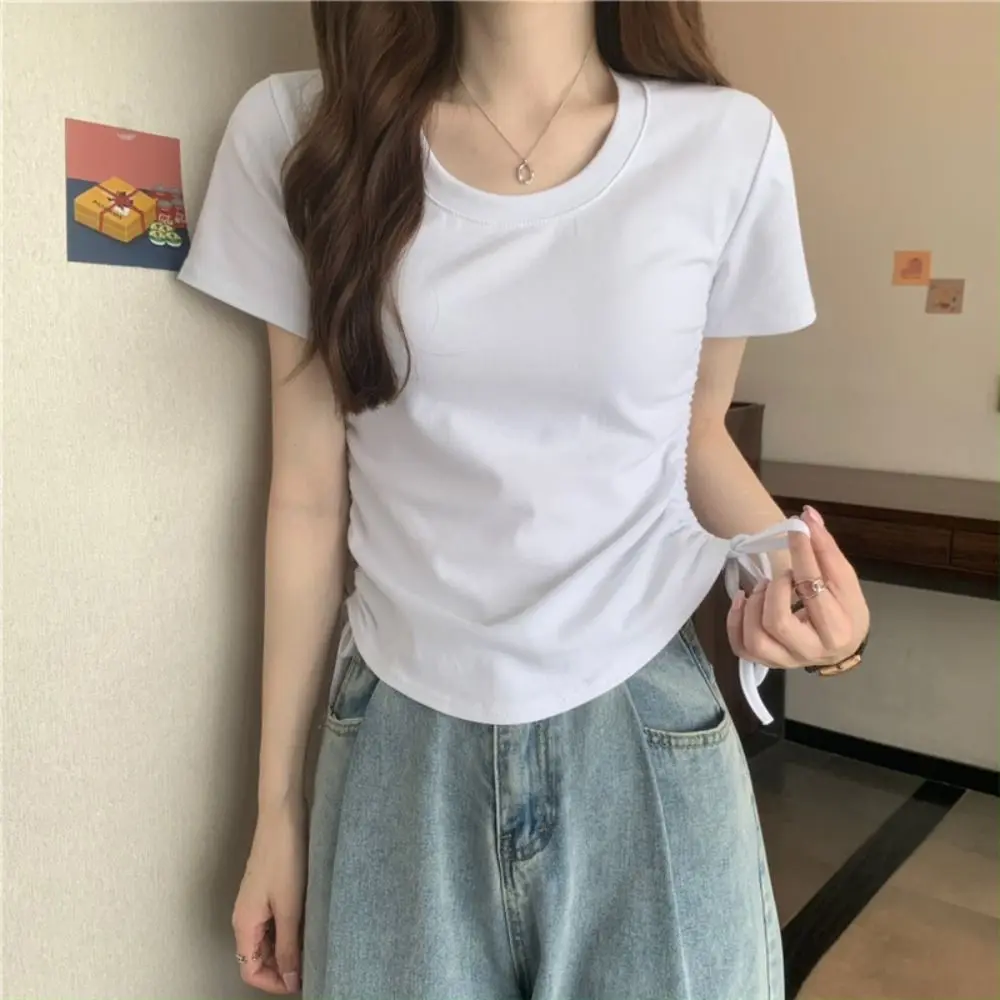 

Pullover Drawstring Short-Sleeved T-Shirt Simple Ins Style Square Neck Basic Tees Shirt Y2k Solid Color Slim Women's Crop Tops