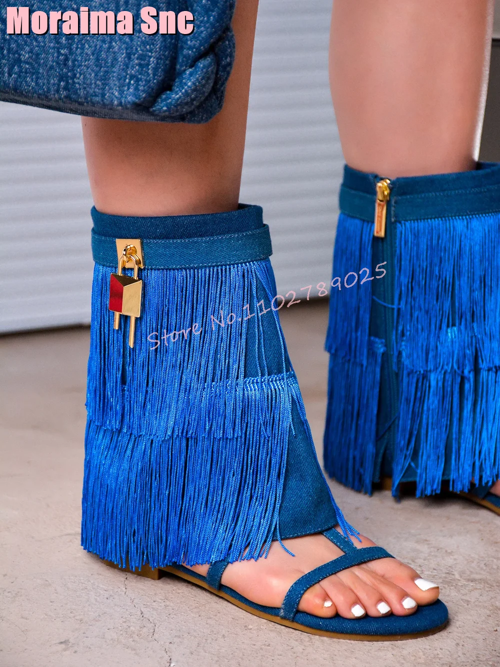 

Denim Blue Fringe Padlock Sandals Boots Flat with Mid Calf Boots Side Zipper Cutout Women Shoes Summer Vocation Fashion Solid