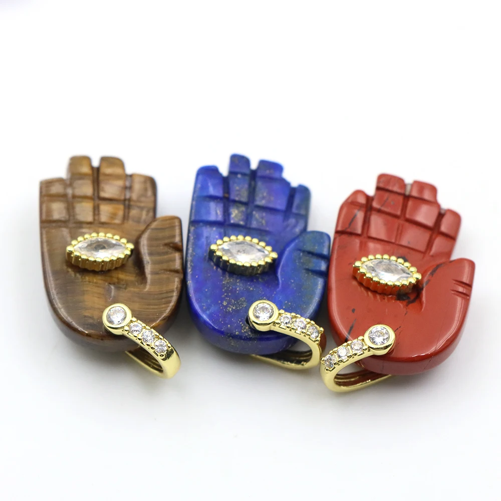 28mm Natural Stone Hamsa Hand Pendant Inlaid Zircon Gold Plated Bail Charm Hand Carved DIY Necklace Crafts Accessory Amulet Gift