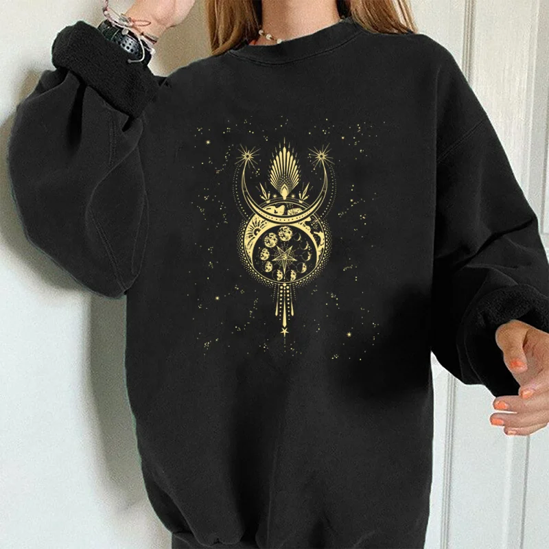 

Seeyoushy Long Sleeve Drop-shulders Sweatshirts Women Retro Moon Printing Graphic Sweatshirt Sport Clothes Harajuku Tops Winter