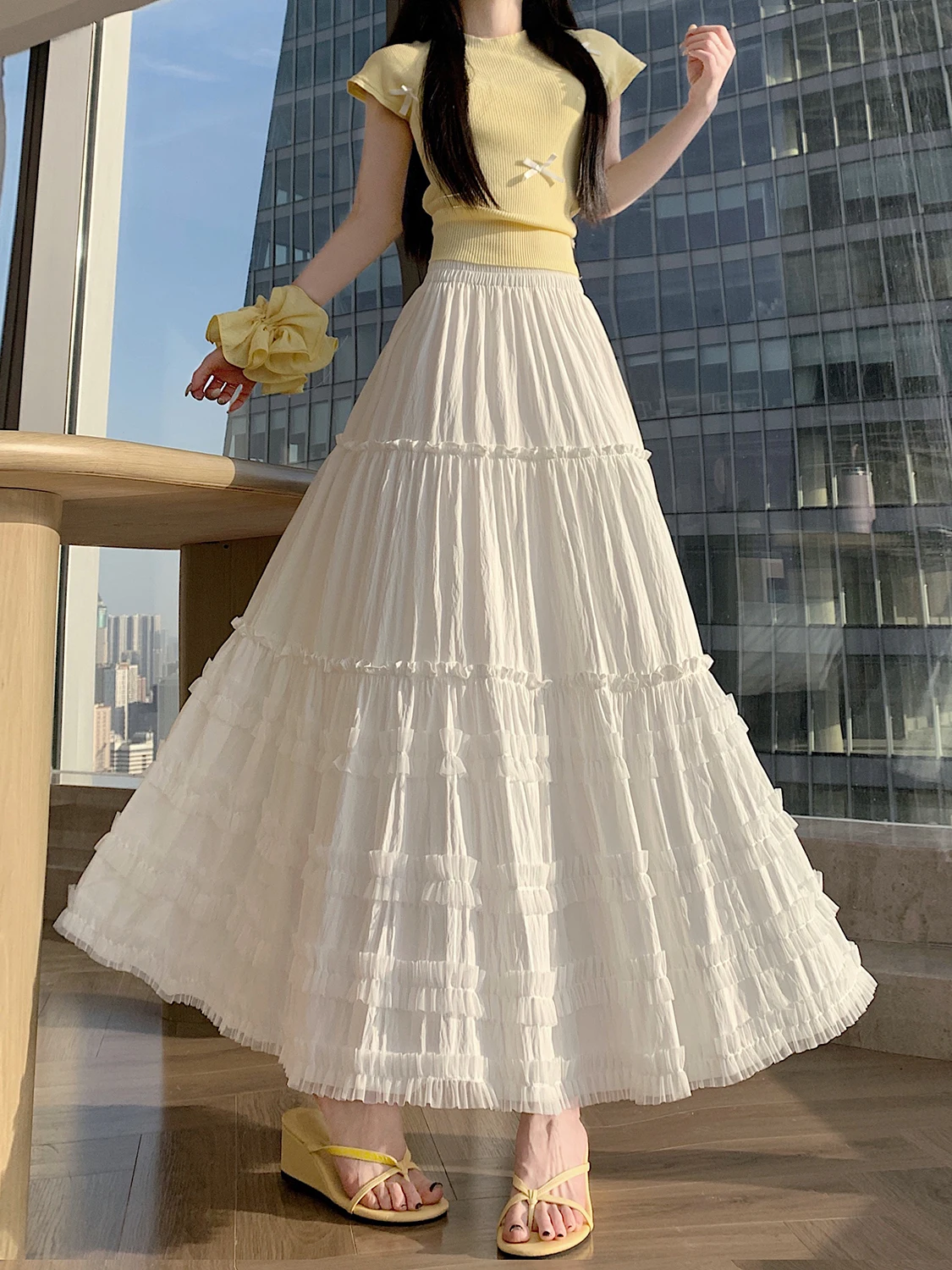 

Ele High Waist A-Line Midi Skirt White Lace Trim Me Paneling Women's Spring Faion Design Sensation Slimming Skirts