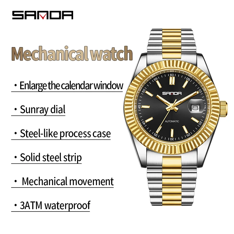 SANDA 5601 클래식 남성용 자동 기계식 시계 비즈니스 솔리드 스틸 벨트 시계 방수 야간 조명 달력 캐주얼 시계