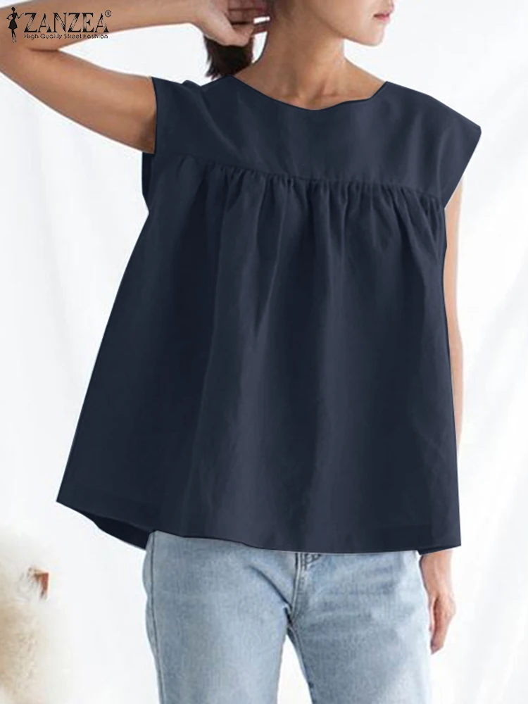 ZANZEA-Blusa lisa sin mangas para mujer, camisa holgada informal a la moda para vacaciones y playa, verano, 2024