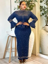 Party Dresses For Women Puff Sleeves Tops And Skit Suit African Denim Diamonds 2 PCS Set Clothes 2026 Autumn Maxi Robe Kaftans