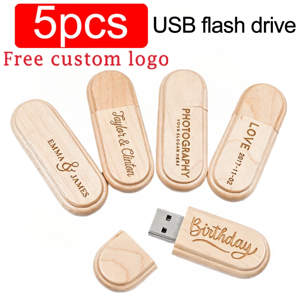 5PCS/Lot Wooden Gift Box USB 2.0 Flash Drive Real Capacity High Speed Pen Drive Free Custom Logo Memory Stick Wedding U Disk 64G