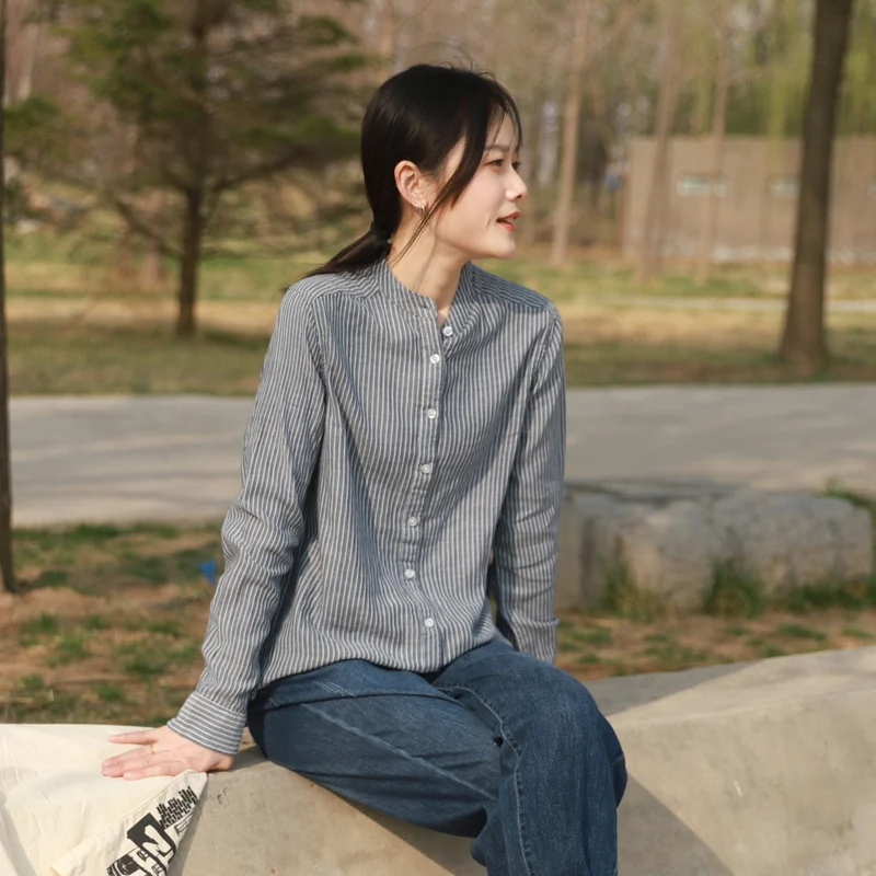 

Spring 2023 Women's Cotton irt Stand Collar Double Layer Long Sve White Simple Artistic Striped Top Commute Sle