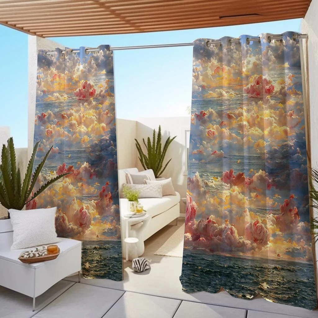 

1PC Outdoor Waterproof Curtains Vacation Scenery Cloud Sea Print,Contemporary Style, Light-Filtering Polyester Eyelet Landscape