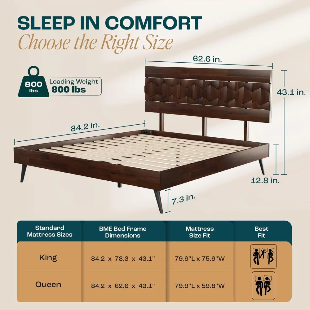 Solid Acacia Wood with Handcrafted Geometric Headboard, No Box Spring Needed, 12 Strong Wood Slats Support, Easy Assembly，Queen