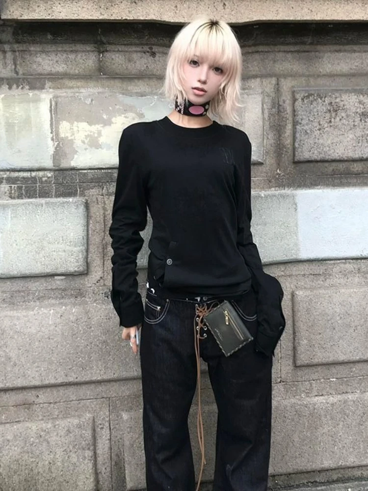 Harajuku Punk Gothic Subculture Long Sleeve Shirt Women Black Fake Two Pieces Spice Girls Close-fitting Fashion 2026 Outfits