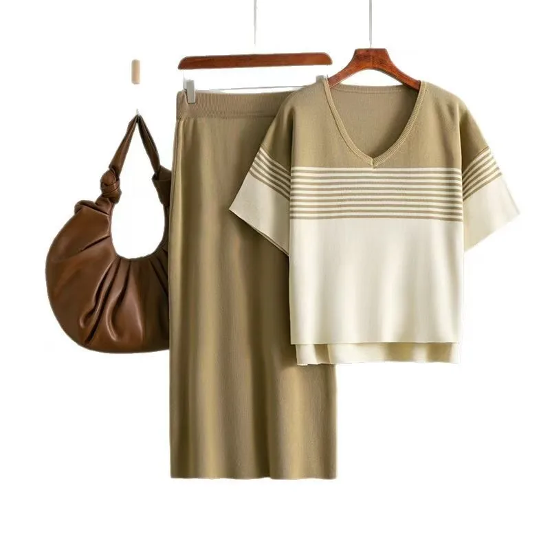Neues gestricktes Streifen-Top und Rock-Set für Damen, Faion-Sommer-Outfit, V-Ne ort Sve, lange Hosen, zweiteiliges Ensemble