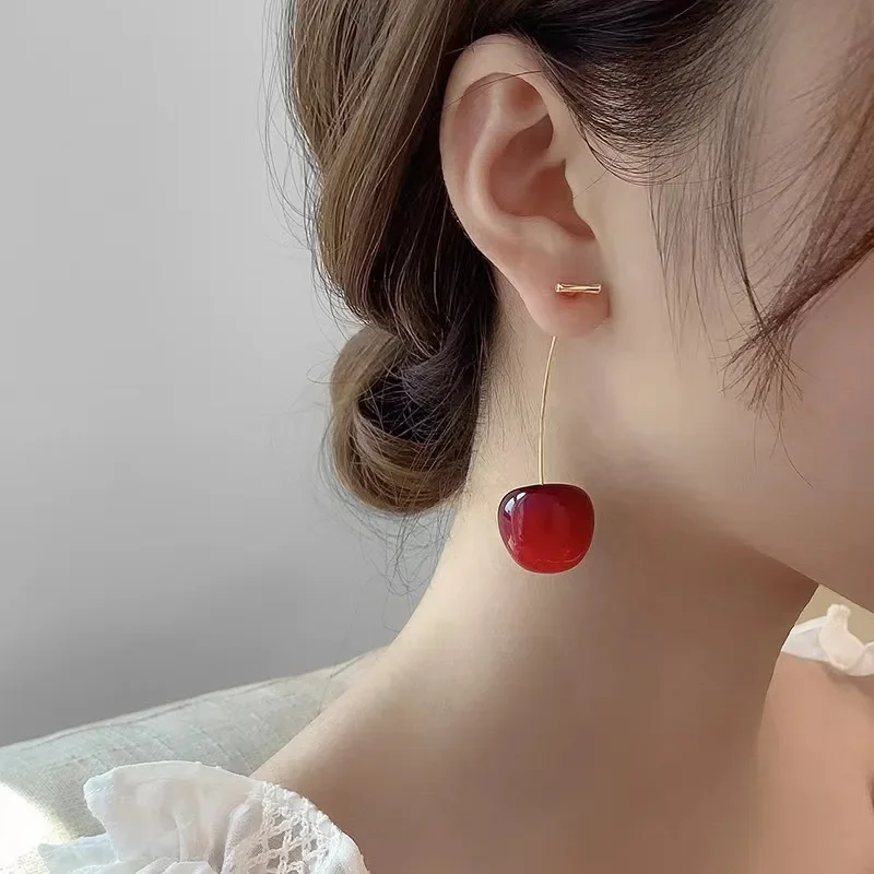 Sweet Red Cherry Earrings For Women Fashion Delicate Fruit Design Drop Dangle Earring Wedding Party Korean Ear Jewelry Gift 2024