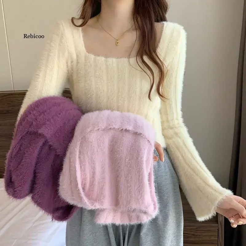 

New Winter Knit Sweater Pullover Women Fashion Imitation Mink Velvet Cashmere Print Loose Clothes Korean White Clothes Female