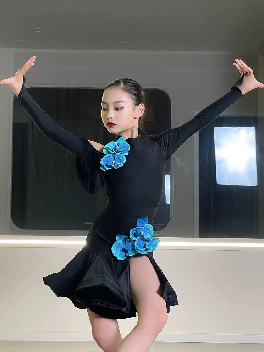 New Girls Latin Dance Dress Kids Winter Latin Ballroom Dance Clothes Blue Flower Black Long Sleeves Competition Dress