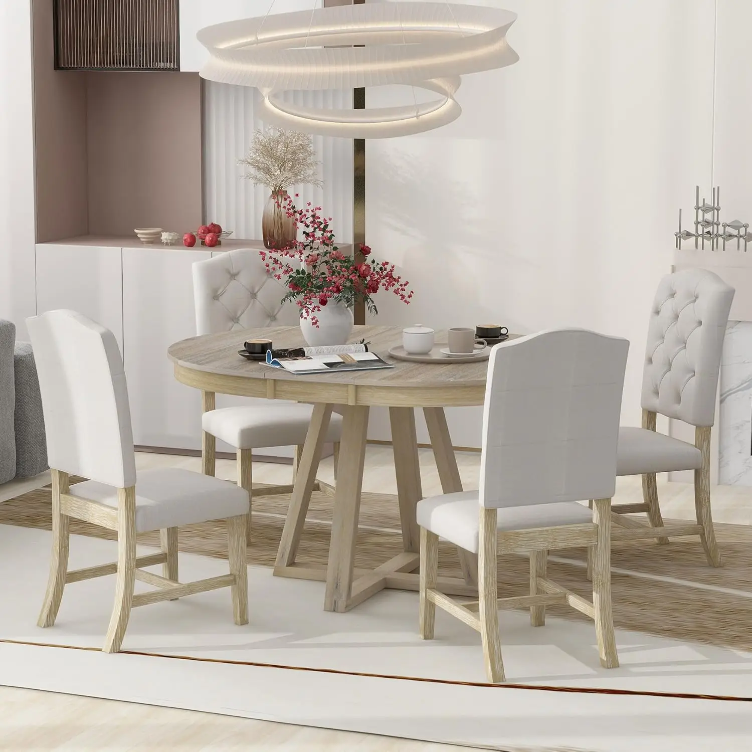 5 Piece Round Dining Room Table Set for 4 with Extendable Table with 16