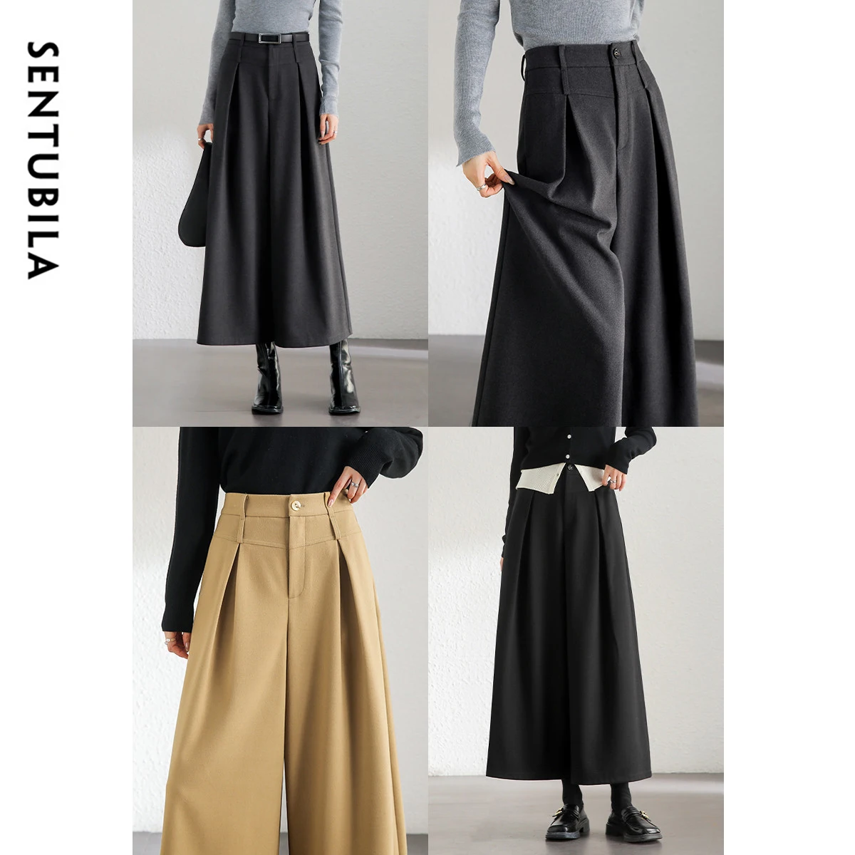 SENTUBILA Wide-leg Skirt Pants Women Office Lady Work High-waist Folds Pockets Ankle-length Pants 2024 Winter Trouser 144K57392