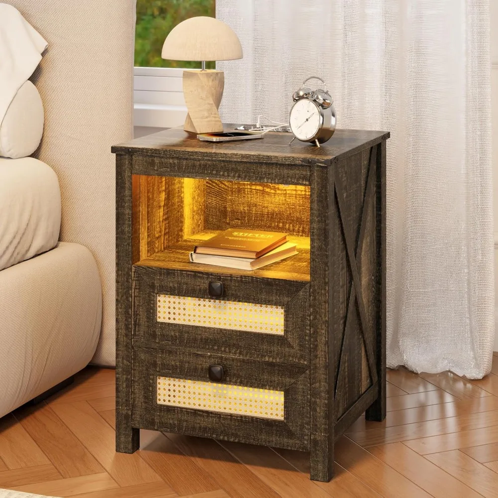 

Farmhouse End Side Table With 2 Drawers for Bedroom Rustic Brown Home Furniture Nightstand With Charging Station Bedside