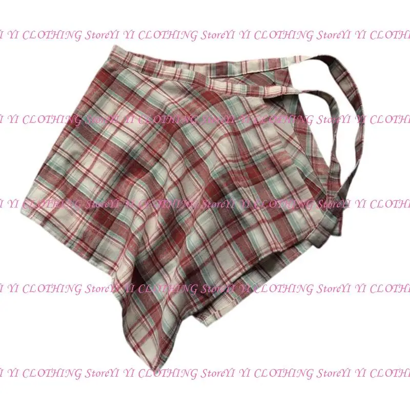 

N5KF Adult KidIrregular Hem Plaids Skirt Knot Front Elastic High Waist Pleated Skirt Summer Asymmetrical Mini Skirt Streetwear