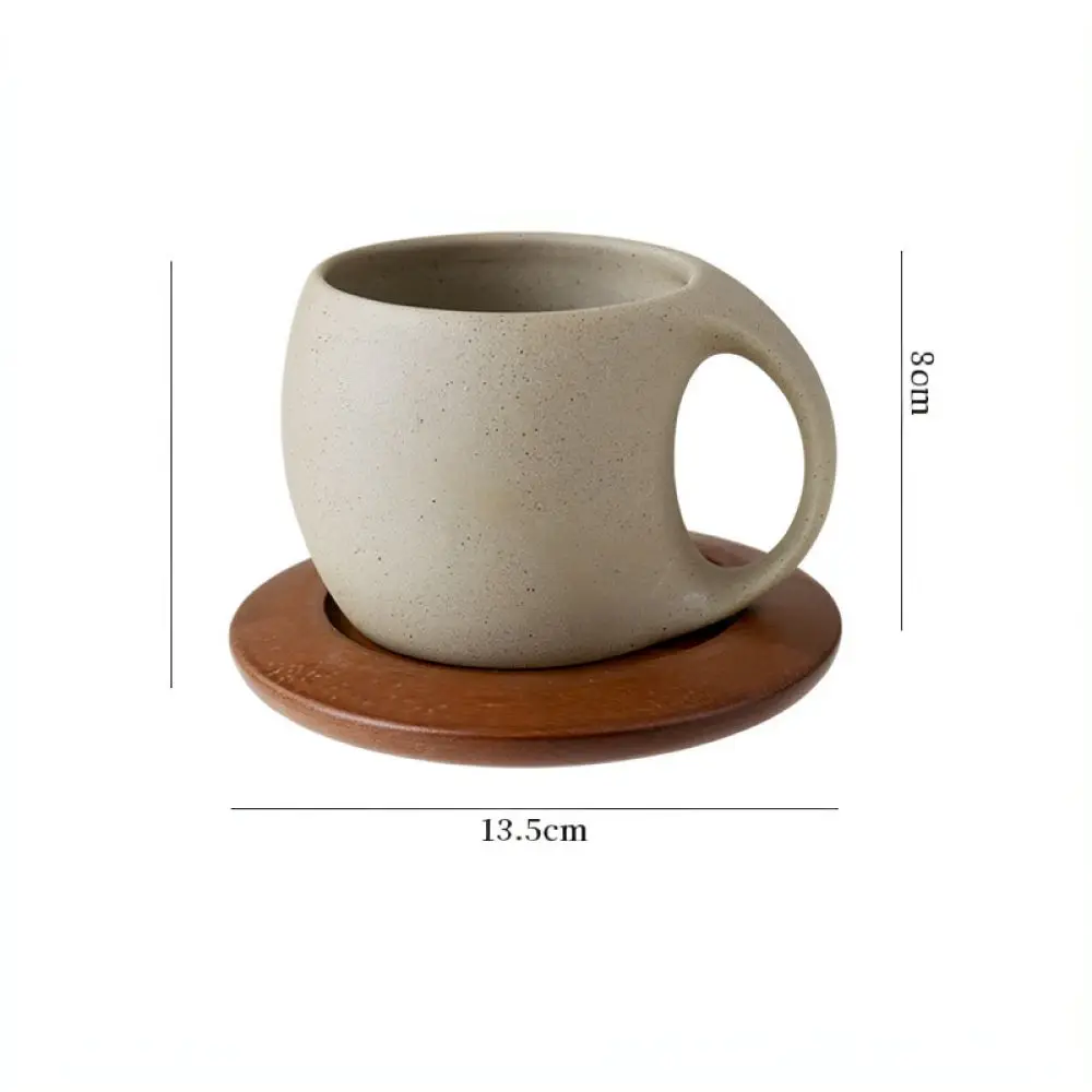 Creative Crescent Design Ceramic Mug With Wood Saucer Vintage Coarse Pottery Tea Latte Cup Artistic Home Office Drinkware