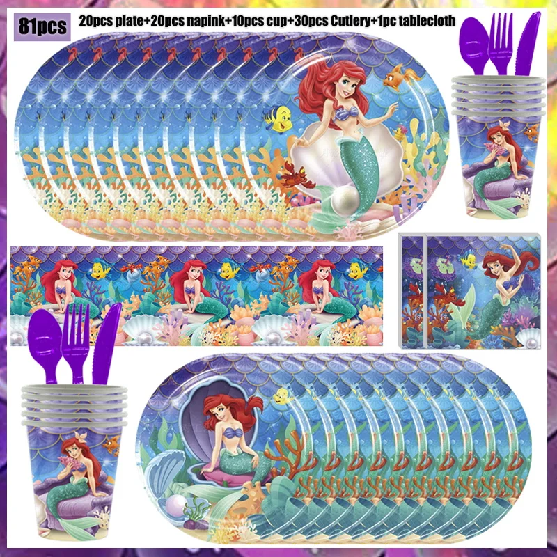 The Little Mermaid Birthday Party Decorations Ariel Princess Paper Napkins Plates Cups Tablecloth Balloon Kids Event Baby Shower