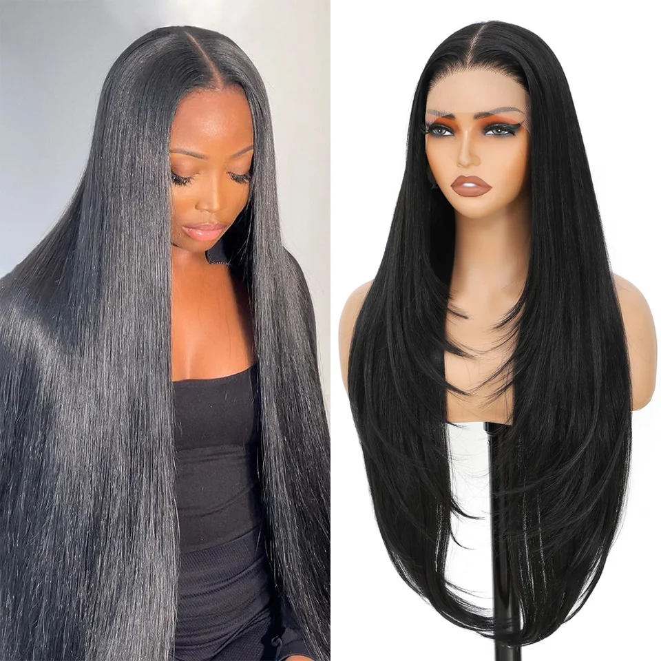 

30 Inch 13x4 Lace Front Cosplay Wigs For Black Women Straight 13x4 Transparent Lace Front Wigs Natural Black Synthetic Hair Wig