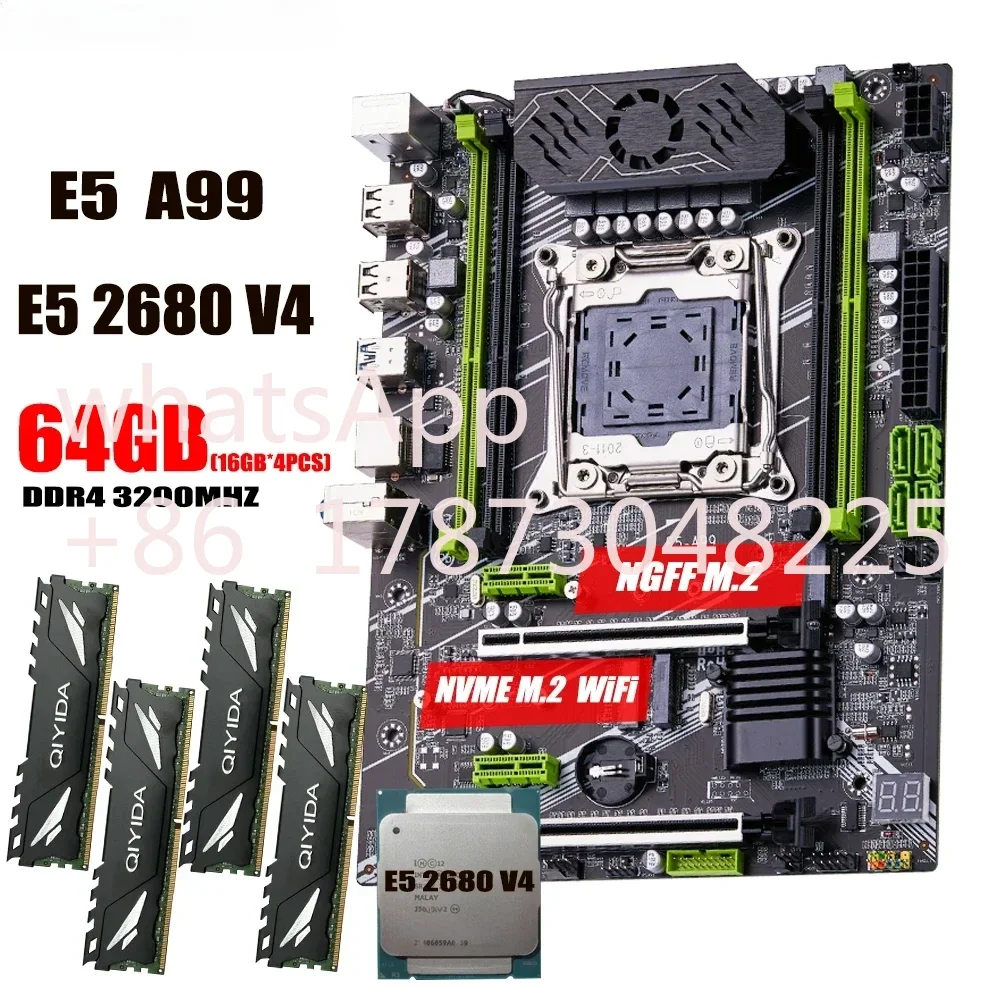 QIYIDA X99 motherboard set LGA2011-3 xeon E5 2680 V4 kit 4*16GB=64GB 3200MHz 4 channels DDR4 SATA 3.0 nvme M.2 ATX