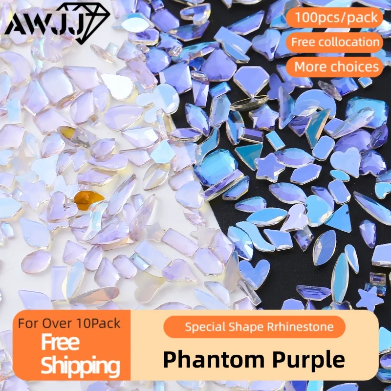 100pcs Phantom Purple Mixed Shaped Nail Diamonds Exquisite Precision Cutting Charming Nail Art Rhinestone Eco-Friendly & Safe