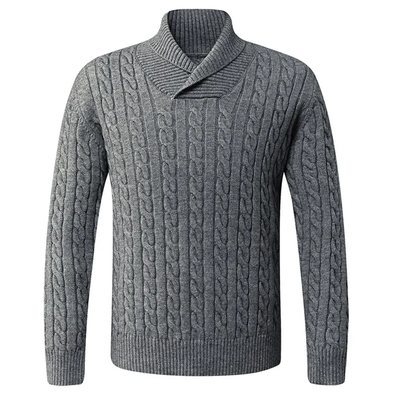 

Retro Casual Knitted Jacquard Sweater Men Autumn Winter Thick Warm Shawl Collar Sweaters Social Versatile Basic Knitted Pullover