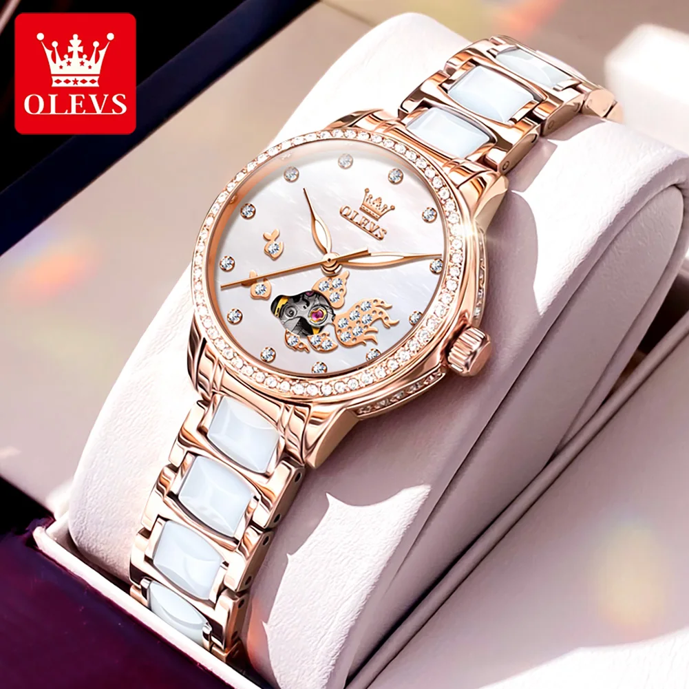 OLEVS Women's Watches Top Brand Fashion Mechanical Wristwatch Luck Koi Carp Drill Ring Dial Watch for Ladies Waterproof Ceramics