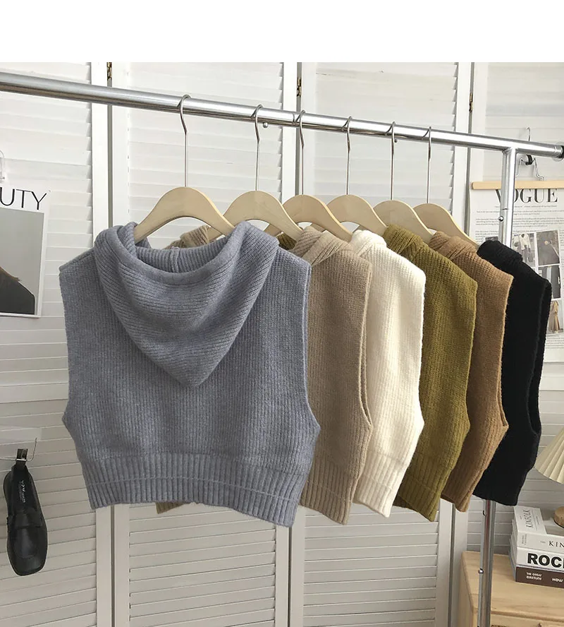 

Dstring Hooded Zipper Svel Knitted Vest Women's Autumn Faion Korean Retro Versatile Outerwear Tank Top