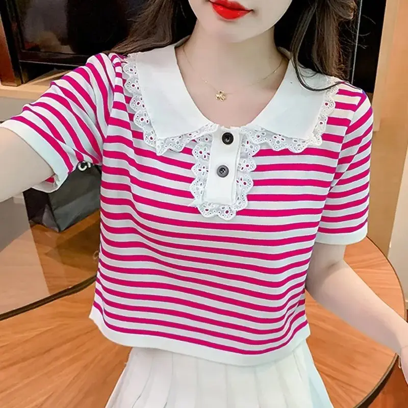 Women\'s Clothing Summer Turn-down Collar Ruffles Patchwork Pullover Short Sleeve Striped Button Contrast Color T-shirt Tops