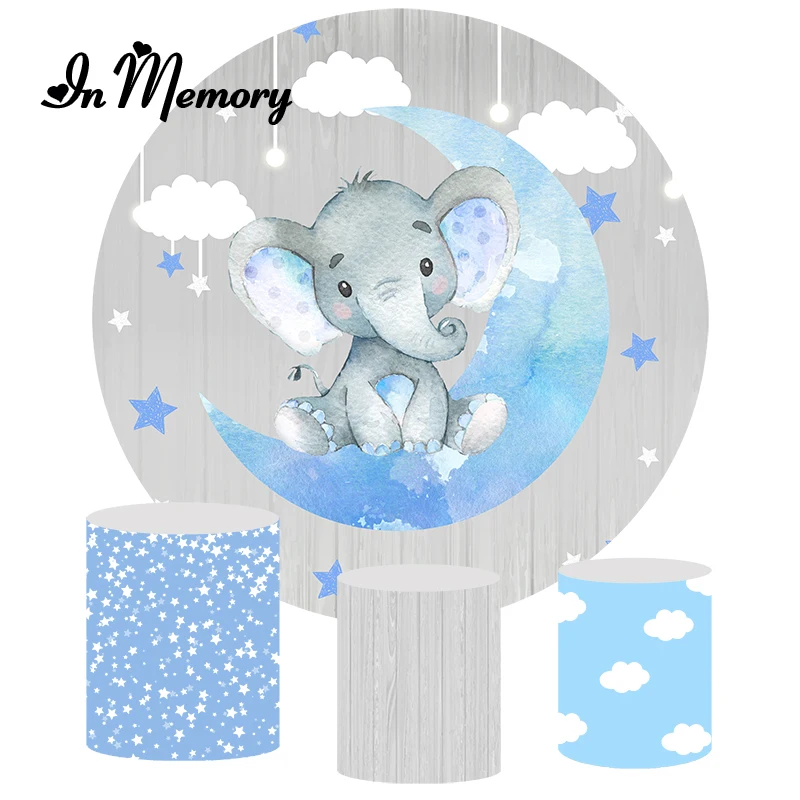 Elephant Boys Baby Shower ทารกแรกเกิดฉากหลัง Blue Moon Star เมฆวันเกิดวงกลมการถ่ายภาพพื้นหลัง Plinth ฝาครอบ