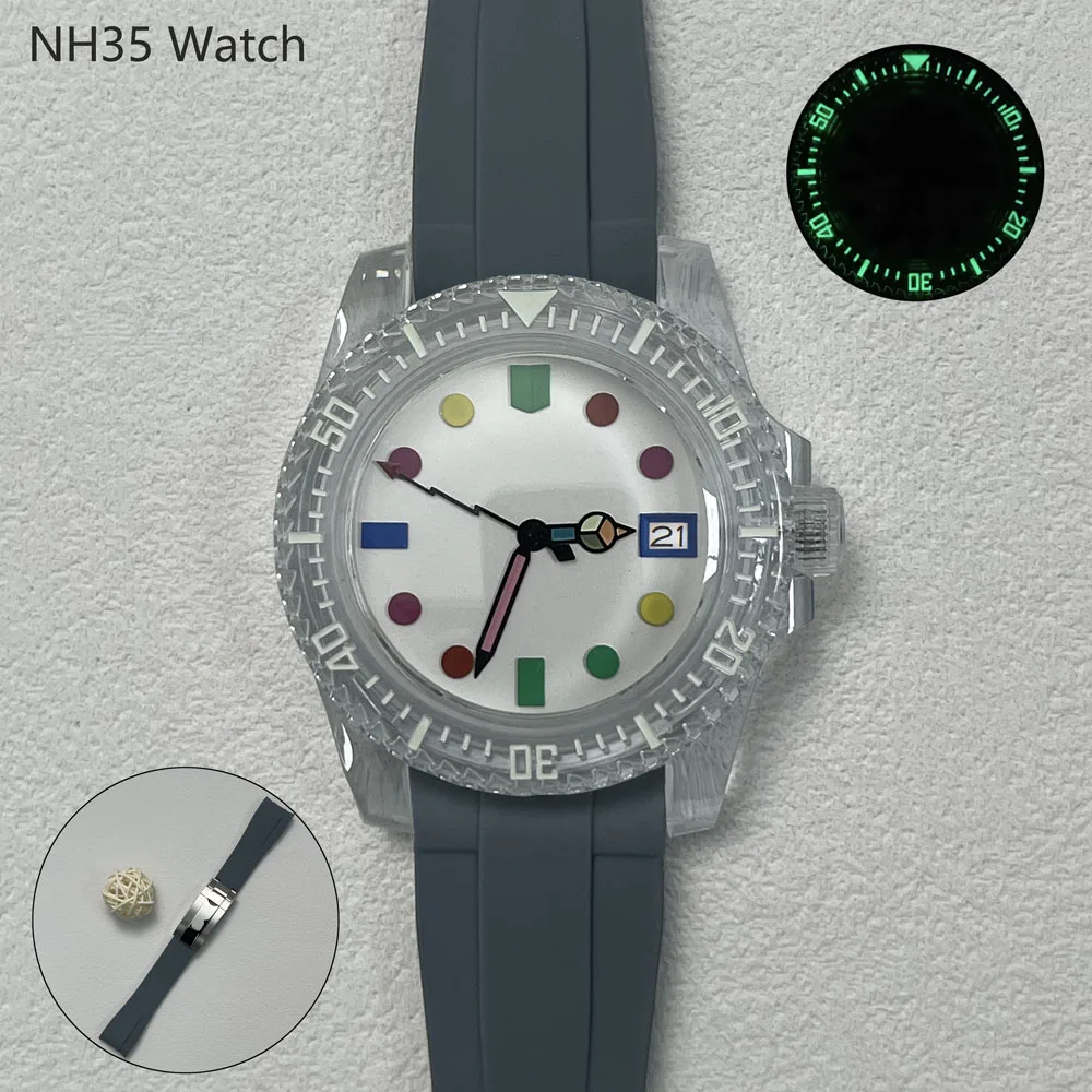 40.5 มม.แฟชั่นผู้ชาย NH35 นาฬิกาอะคริลิคส่องสว่างสีสายยางและญี่ปุ่น NH35 อัตโนมัติ