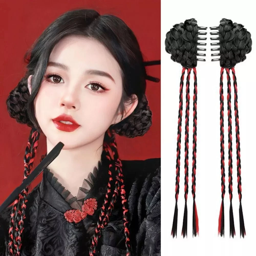 Fashion Simulation Wig Ponytail Headdress New Chinese Twist Braid Grab and Clip Bow Ribbon Headband