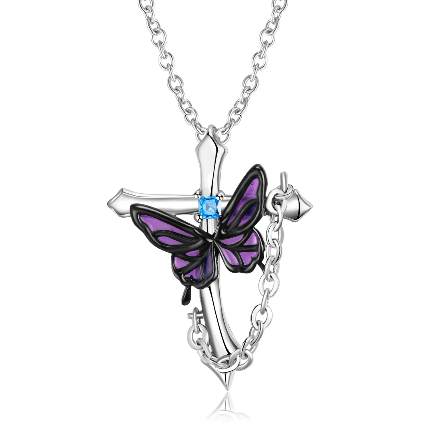 S925 Sterling Silver Cross Purple Butterfly Pendant Necklace Inlaid Blue Cubic Zirconia Lucky Blessing Jewelry For Women Party view 5