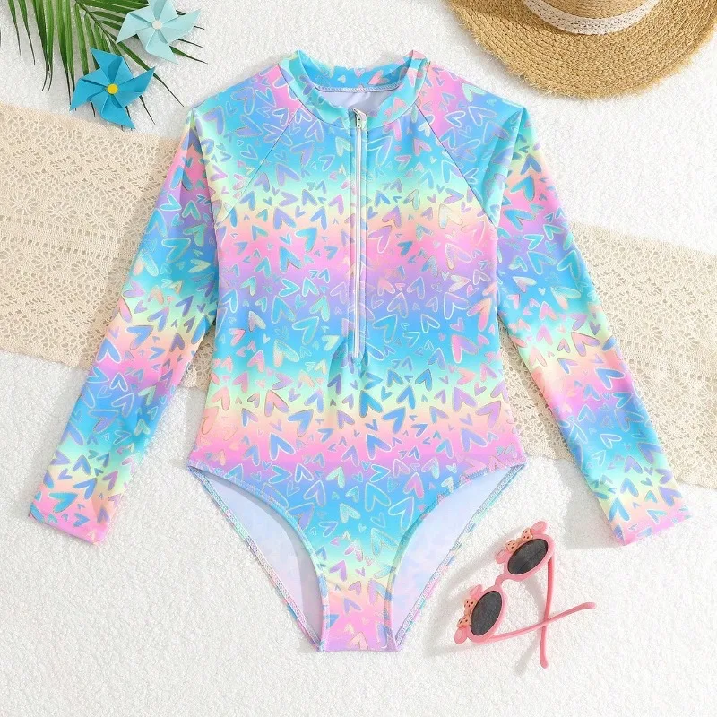 Stampa Costume intero per ragazze 8-12 anni Costume da bagno per bambini Costumi da bagno per bambini adolescenti 2024 Manica lunga Costumi da bagno da surf Spiaggia