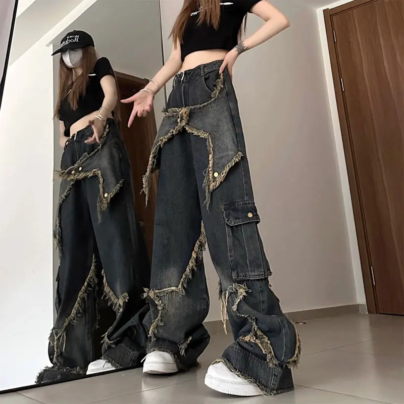 

Vintage Stylish Patch Designs Jeans Spring Autumn Loose Wide Leg Women's Clothing High Street Hip Hop Pockets Zipper Trousers