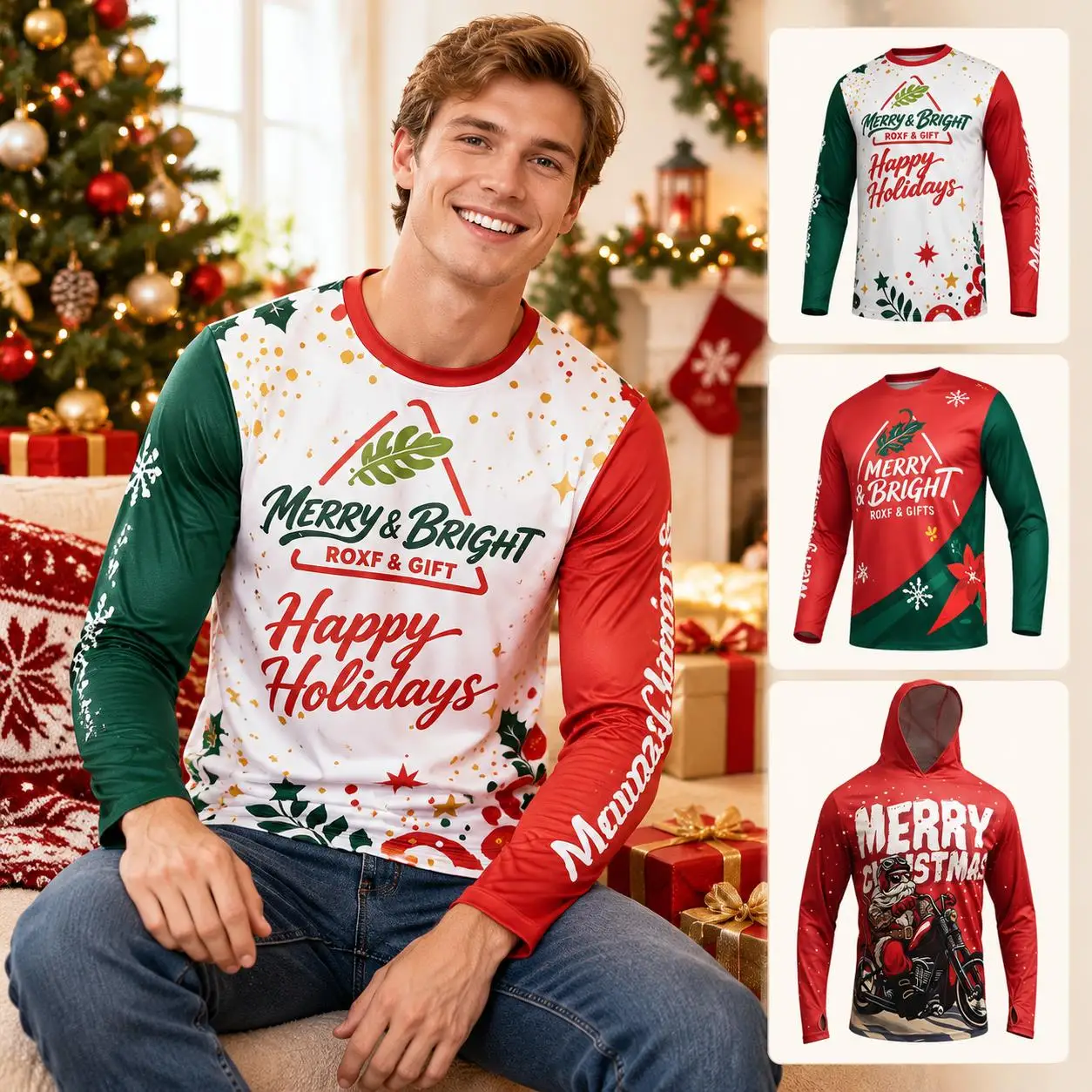 Red Green Splice Christmas Long Sleeve Tee For Xmas Event Friends Gathering Picnic Outdoor Activity Wrinkle Resistant Top