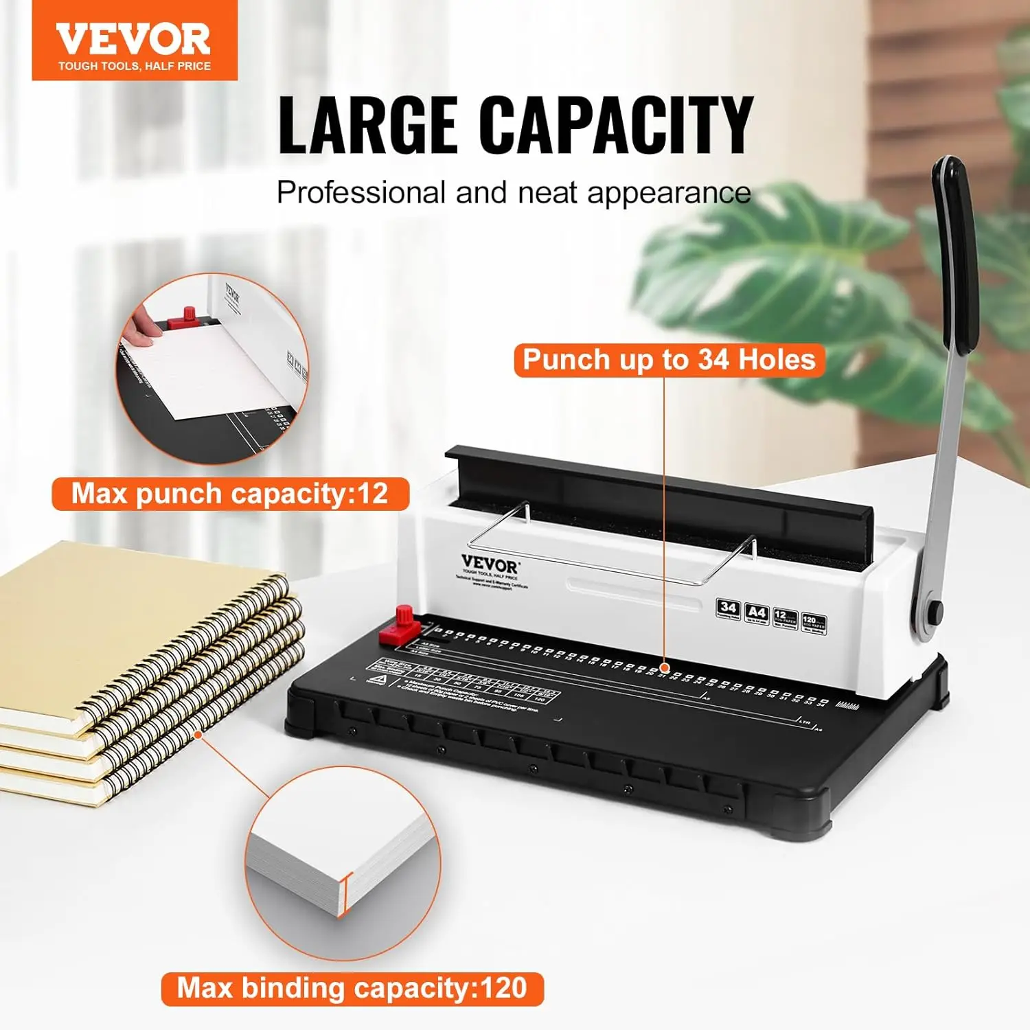 Coil Spiral Binding Machine, Manual Book Maker 34-Holes Binding 120 Sheets, Punch Binder Adjustable 3/16" - 9/16" Coil Binding