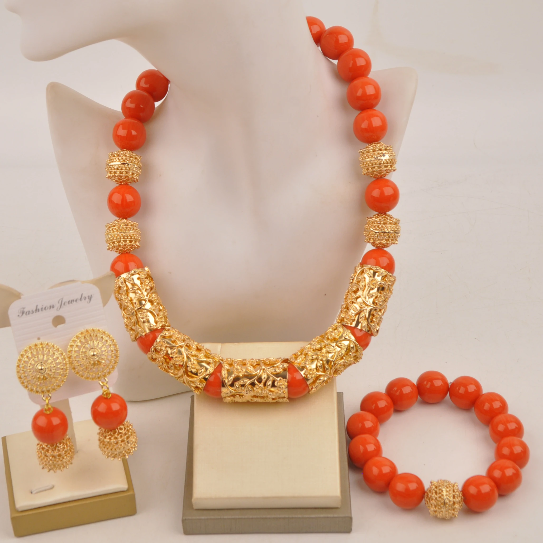 Minimalist Nigerian newlywed couple wedding bead African bride orange imitation coral necklace couple jewelry set XIN-81