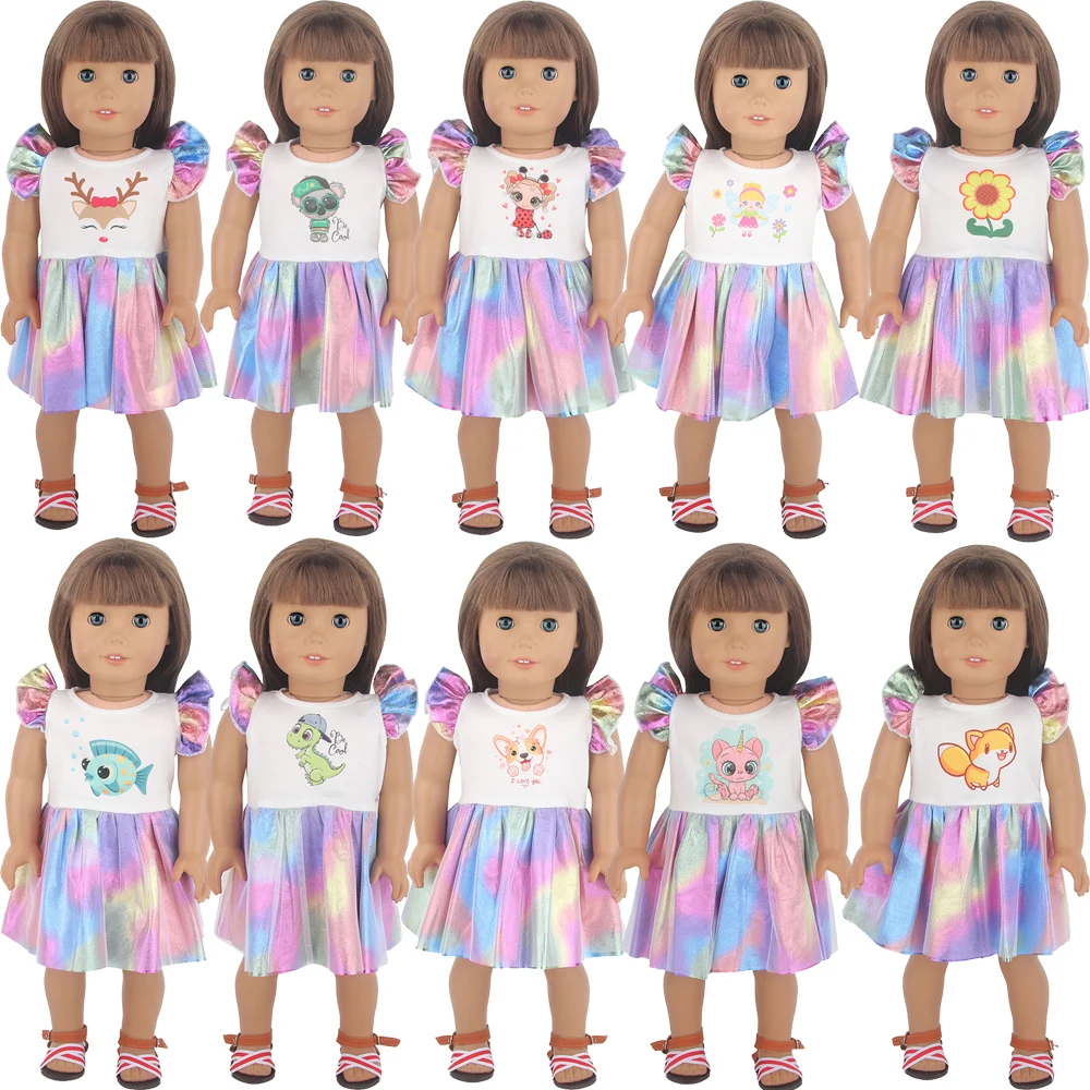 New Cute Cartoon Rainbow Doll Dress Clothes For 43cm Baby New Born Dolls Kitten,Pup,Fawn Skirt Fit American 18 Inch&OG,Life Doll