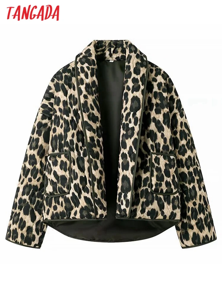 Tangada 2024 Women Leopard Oversize Coat Female Warm Loose Parkas JA17